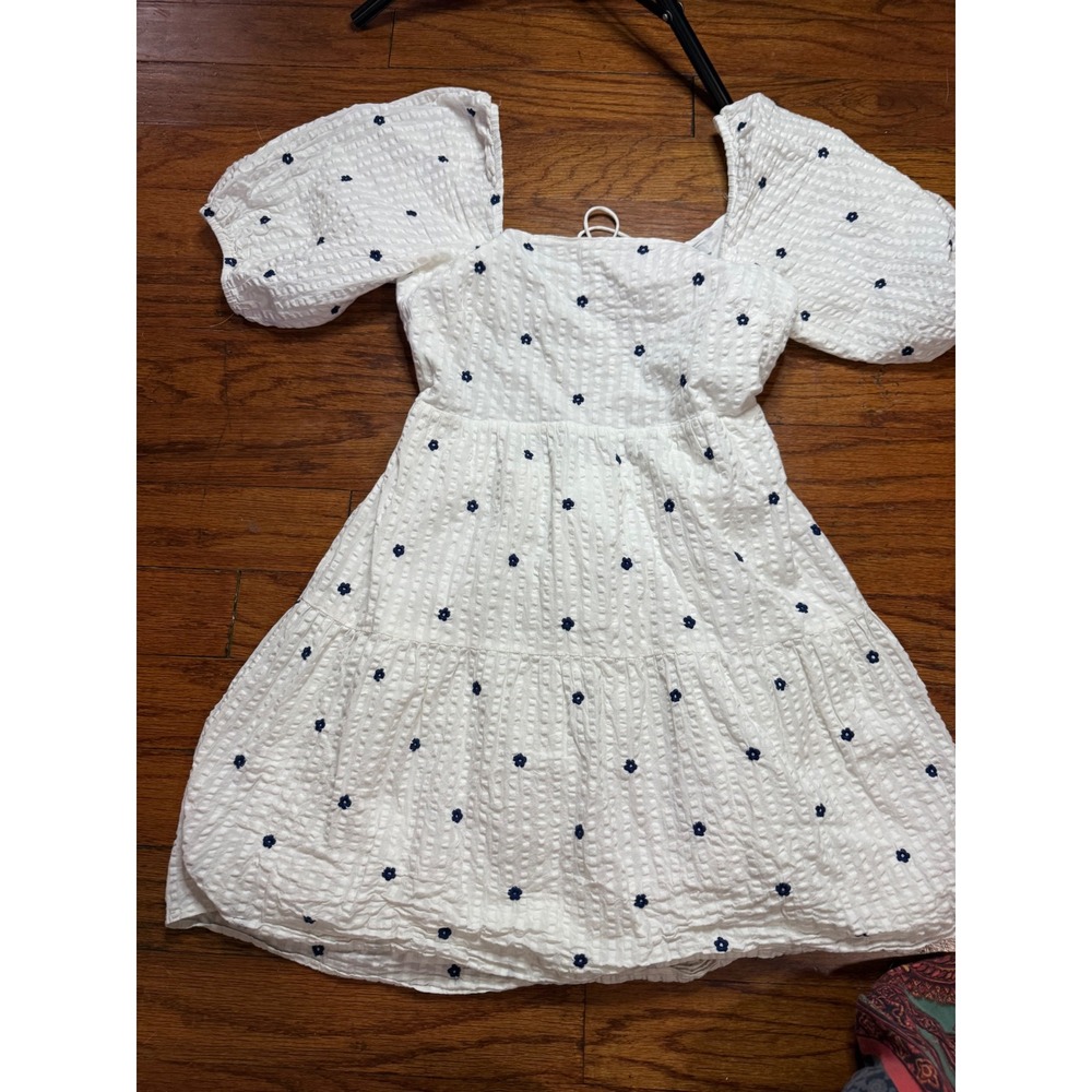 Rails Selene White Navy Embroidered Daisy Seersucker Puff Sleeve Mini Dress M